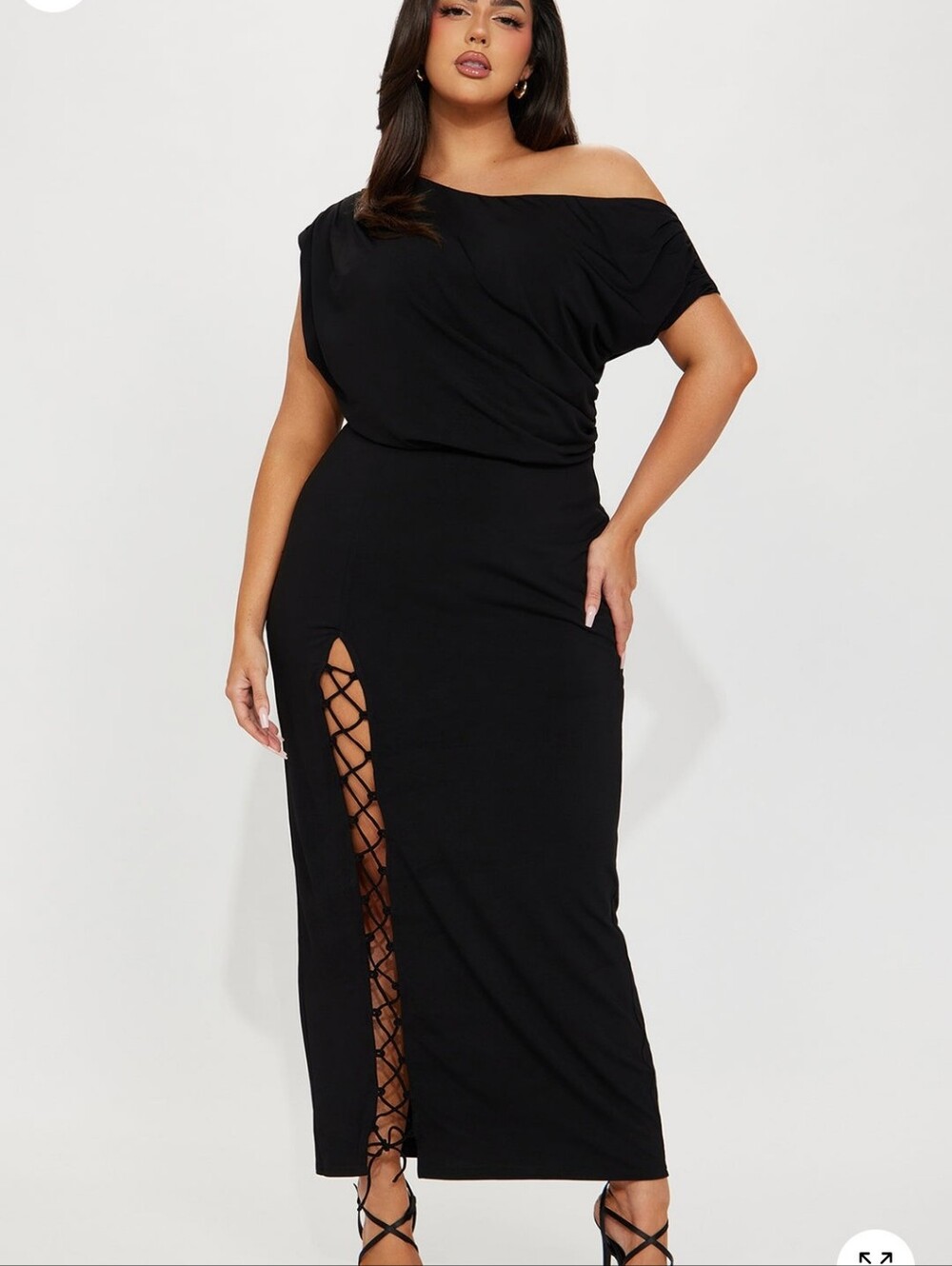 Black One Shoulder Draped Neck  Maxi Dress. With Lace Up Thigh Slit